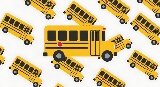 Pattern of School Buses with Yellow Vehicle Icons on White Background for Transportation Concept