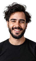 Obraz premium Man Black Tshirt. A young man of mixed heritage with curly dark hair and a beard, wearing a plain black