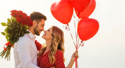 Couple embracing with a bouquet of red roses and red heartshaped balloons, celebrating love and romance outdoors on a bright sunny day