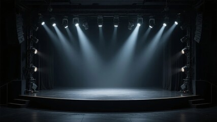 Empty stage illuminated by spotlights in a theater setting