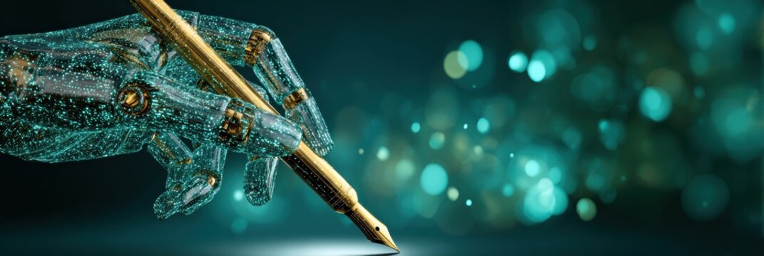 A futuristic hand composed of digital particles holds a fountain pen, poised above a surface. The background is filled with shimmering blue and green lights. - Powered by Adobe