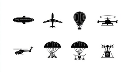 Black and white icons of various air travel and transport vehicles arranged in two rows