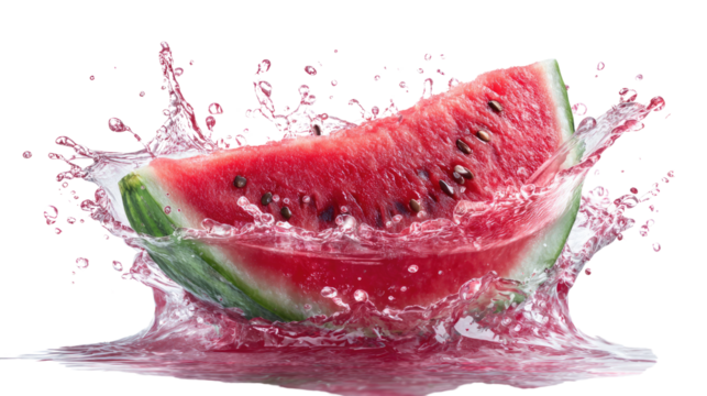 Refreshing Splash of Watermelon: A vibrant slice of juicy watermelon bursts with a refreshing splash of water, capturing the essence of summer in a dynamic photorealistic scene.