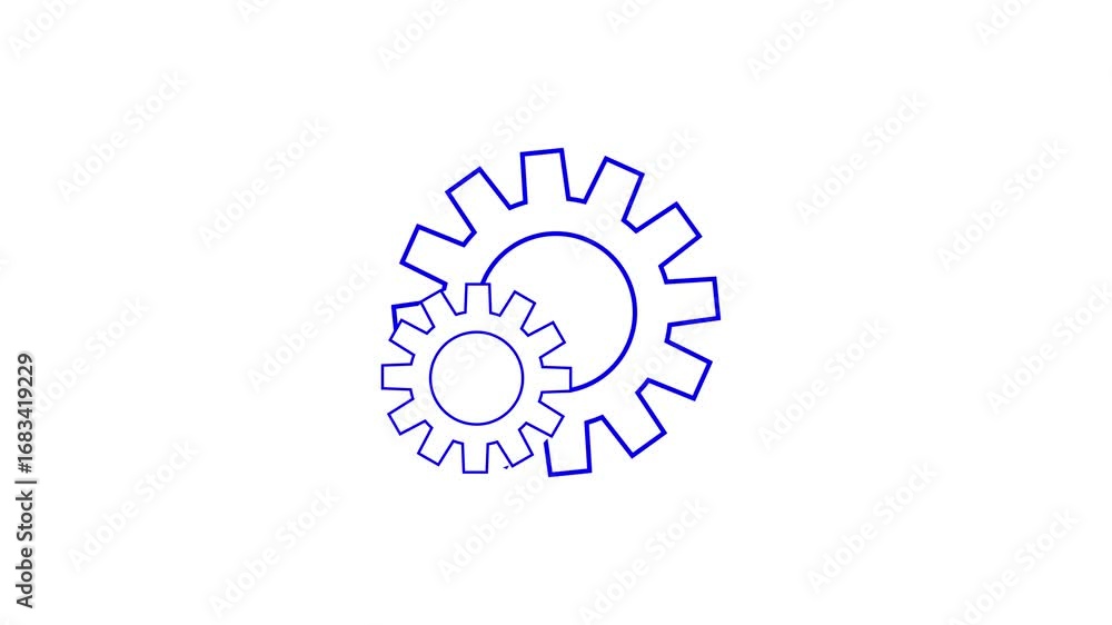 Poster two blue outline gears interlocking on a white background representing teamwork and connection