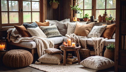 Cozy living room corner with soft cushions, warm blankets, lit candles, and natural wooden furniture creating relaxing