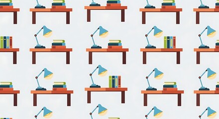 Seamless Pattern of Study Desks with Modern Desk Lamps and Books for Creative Interior Design