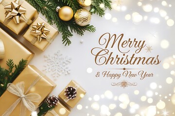 A Festive Christmas Arrangement of Gold Gifts and Decorations