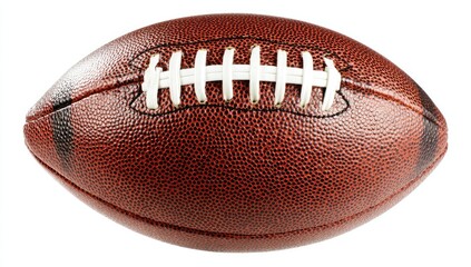 A close-up view of a classic American football, highlighting its textured brown leather and prominent white stitching.