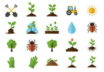 Fifteen agriculturethemed icons depict plants tools water insects a tractor sun  gloves against a white background