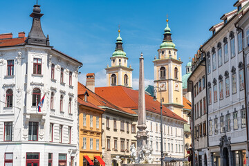 Beautiful architecture with historic buildings and cathedral towers in Ljubljana, Slovenia.