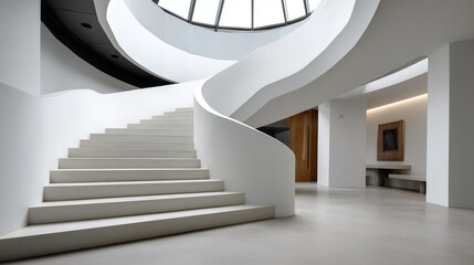 Modern curved staircase with minimalist white concrete design