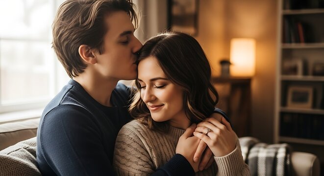 Romantic couple embracing tenderly at home loving relationship and intimate moments of affection and love
