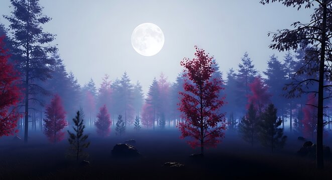 Serene Night Forest Scene with Bright Full Moon and Misty Atmosphere