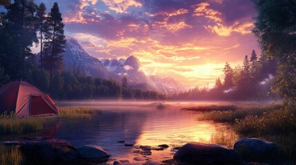 Enchanting lakeside camping at twilight, a harmonious blend of nature and adventure under a