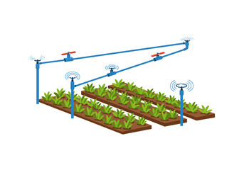 Irrigation system over crops blue pipes red valves green plants brown soil and blue wireless sensors