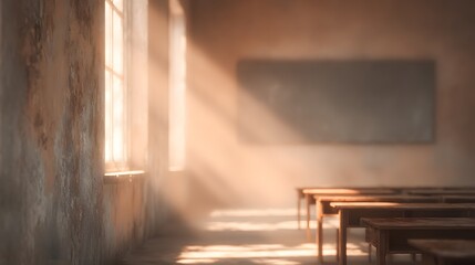 Fototapeta premium Abandoned classroom with peeling paint walls and sunlight shafts
