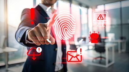 Businessman touching digital fingerprint scan with warning icons of cloud, email, AI bot, and computer, symbolizing cybersecurity, data protection, hacking, and digital identity security.