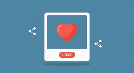 A digital frame displaying a red heart with share icons on a blue background and a love button