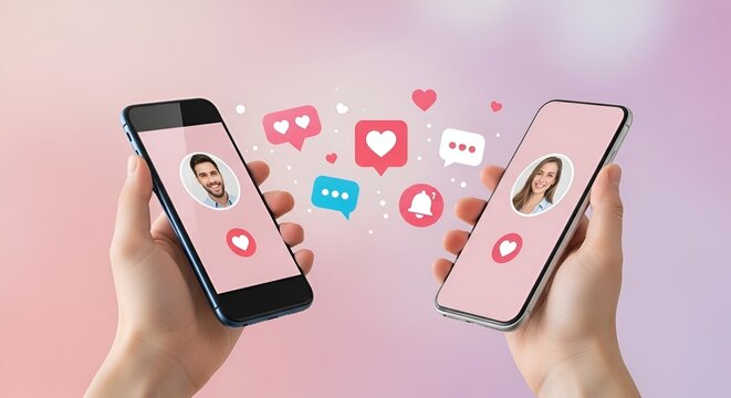 Two hands holding smartphones with dating app profiles and floating hearts and chat bubbles between them