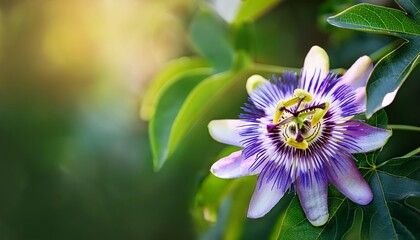 beautiful purple passion flower or passion vine passiflora incarnata blooming in the summer garden natural soft green background with copy space