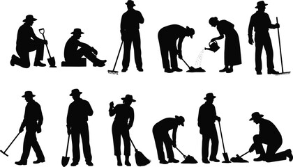 Silhouette of Farmers and Gardeners Working with Tools, Digging, Watering, Raking in Agricultural and Gardening Outdoor Activities