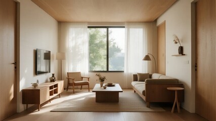 Modern minimalist living room with natural light and wooden furniture