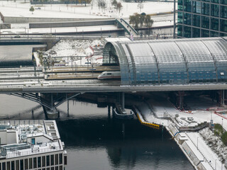 Aerial view of Berlin, Capital of Germany. Aerial winter cityscape of Berlin Main Railway Station, Foggy Hauptbahnhof.