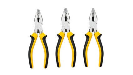 Three isolated yellow and black pliers tools for electrical work on a white background for construction use on transparent background