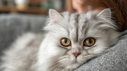 Silver chinchilla Persian cat with yellow eyes resting on a woman's shoulder. Showcase the bond between humans and their pets, pet adoption, or animal care.