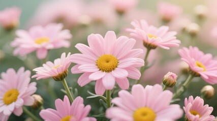 Obraz premium A cluster of soft pink daisies with vibrant yellow centers in a gentle, natural setting.