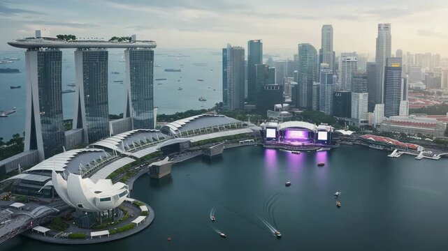 Aerial view of marina bay sands and singapore skyline with a stage set up for an event