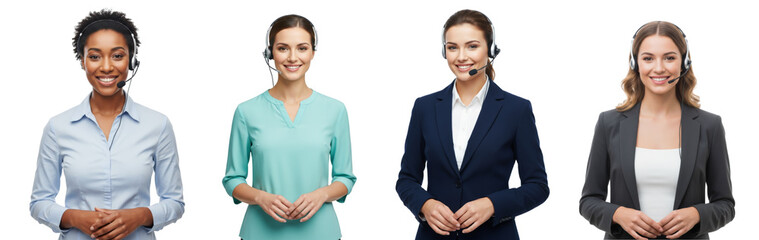 Collection of young women with a warm, friendly smile, wearing a call center headset with a microphone, isolated on white or transparent background