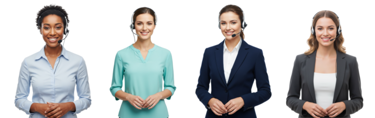 Collection of young women with a warm, friendly smile, wearing a call center headset with a microphone, isolated on white or transparent background