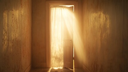 Sunlit doorway casting ethereal light in a weathered and atmospheric interior space