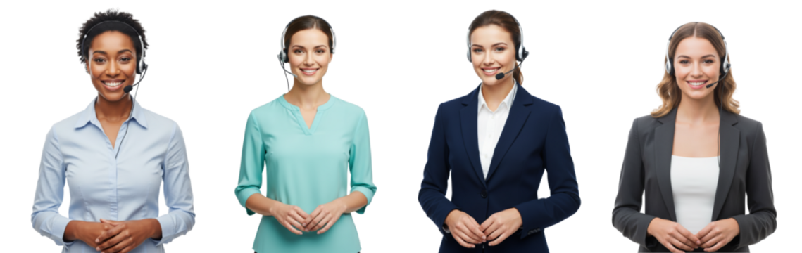 Collection of young women with a warm, friendly smile, wearing a call center headset with a microphone, isolated on white or transparent background - Powered by Adobe