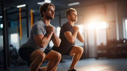 Two Young Men Doing Lunges in Modern Gym Synchronized Movements and Leg Muscle Definition with Sweat Shine Bright Lighting and Equipment Racks Emphasizing Partner Workout and Fit
