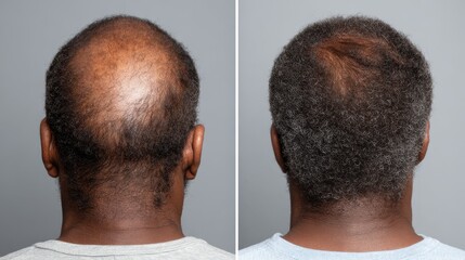 Two images show a man's head, before and after hair treatment. Show results, hair restoration, and self-improvement, or medical procedure.