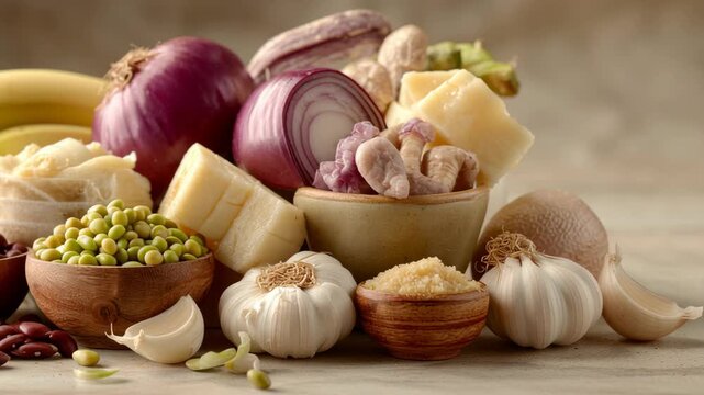 Prebiotic fiber onion garlic banana cheese pea nut rustic kitchen with wholesome ingredients, warm light, natural texture, inviting mood
