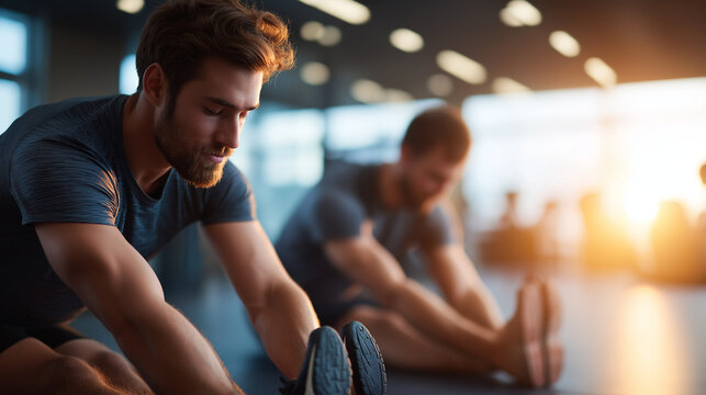 Two Male Athletes Stretching Legs in Modern Gym Flexible Poses and Mat Textures with Joint Focus and Deep Breaths Motivational Banners in Background Highlighting Warm Up and