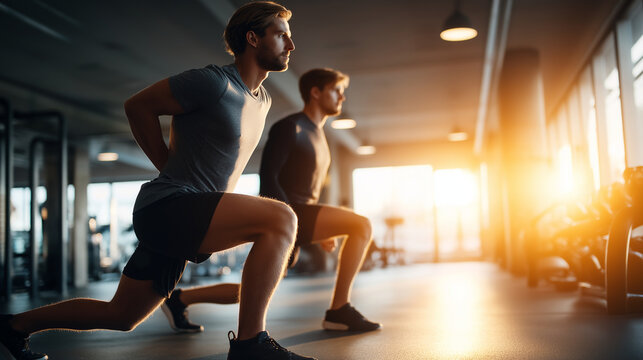 Two Young Men Doing Lunges in Modern Gym Synchronized Movements and Leg Muscle Definition with Sweat Shine Bright Lighting and Equipment Racks Emphasizing Partner Workout and Fit - Powered by Adobe