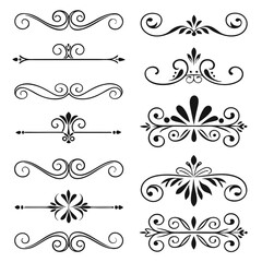Collection of decorative dividers and ornamental flourishes in black and white vector graphic style