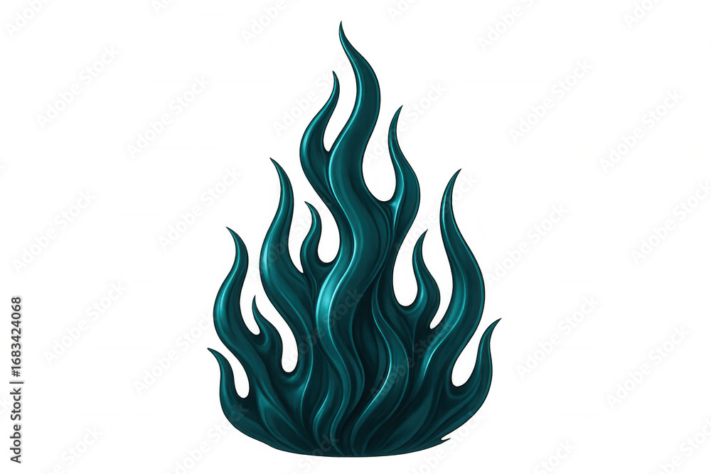 Poster teal metallic flames rising against a transparent background, creating a striking visual element