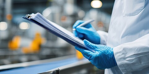 Factory Worker Taking Notes on Clipboard.