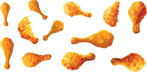 A collection of fried chicken flying on a white background, suitable for food backgrounds, banners, or fast food designs.