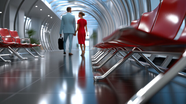 Composition with strong perspective lines: hospital chairs receding into the distance, nurse and businessman in focus.