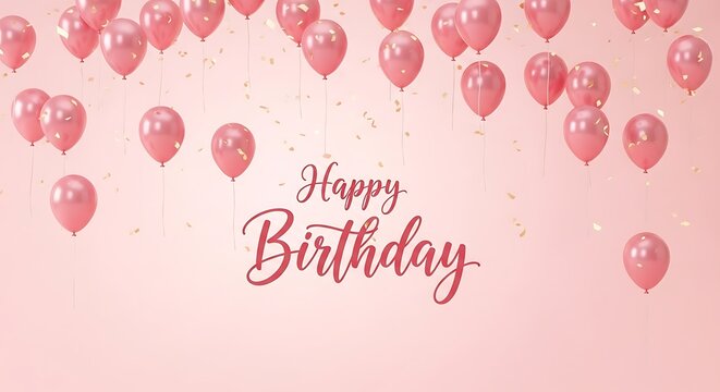 Festive pink balloons floating above happy birthday greeting for celebrations