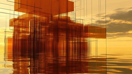 Geometric architecture fantasy reflects in rippling water during a golden sunset creating a