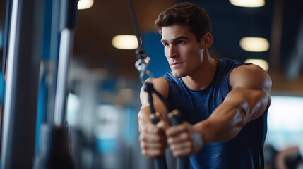 Determined Athlete Performing Triceps Pushdown Exercise in Gym Cable Machine Details with Pulley Systems and Focused Posture Fitness Mirrors Reflecting Form and Dedication to Mus