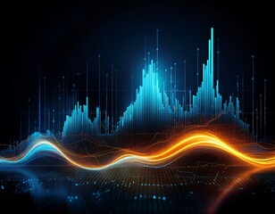 abstract digital data analysis and financial chart futuristic blue and orange glowing graph on black background