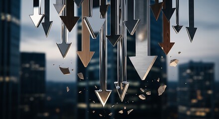 Falling metallic arrows with shards against a blurred cityscape background at twilight time period
